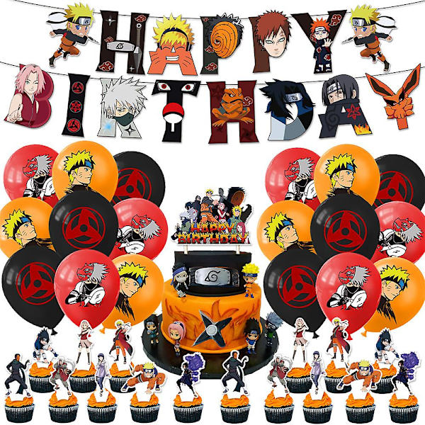 Naruto Tecknad Tema Fest Dekoration Födelsedagsfest Tillbehör Banner Flagga Ballonger Cupcake Cake Toppers Set null none