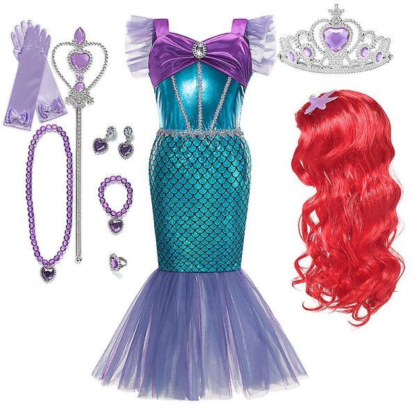 Disney Little Mermaid Ariel Prinsessdräkt Barnklänning För tjejer Cosplay Barn Karneval Födelsedagsfest Kläder Sjöjungfruklänning V 6T(size 130) 11 pcs Mermaid Sets