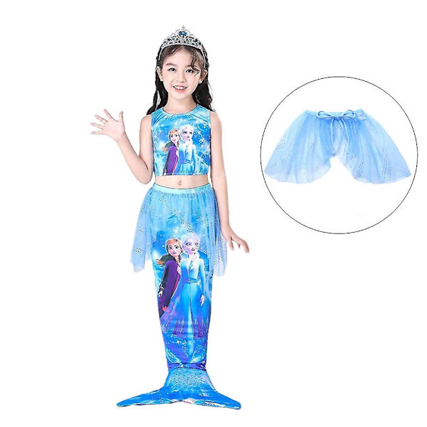 Frozen Elsa Anna flickbaddräkt Tyllkjol Mermaid Tail Bikini 4st set Badkläder Blue 6-7 Years