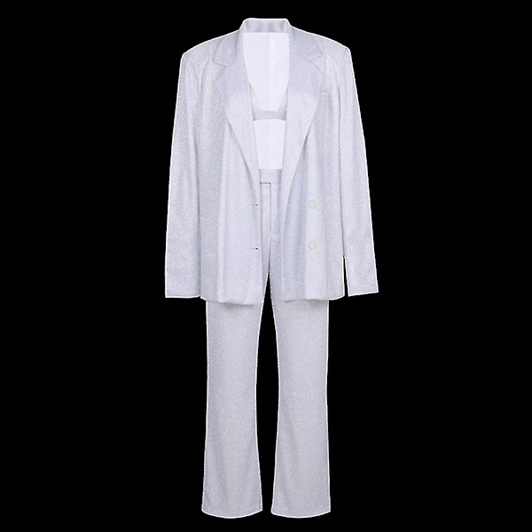 Paljett Silver Blazer Kavaj Kort Topp Enfärgad Kostym För Kvinnor - Mode/casual Bodycon Vacker Vår/sommar Kläder Silver M