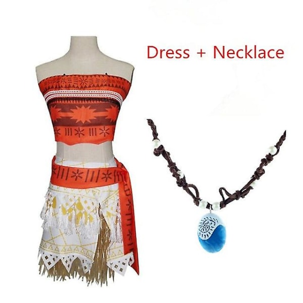 Vuxna barn prinsessan vaiana moana kostym klänningar med halsband peruk kvinnor tjejer halloween fest moana klänning kostymer cosplay Costume +necklace+wig 12t