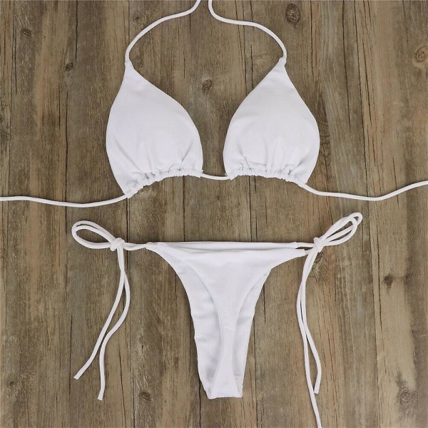 Ultratunn elastisk stringtrosa för kvinnor, bikiniset set Sexig enfärgad baddräkt Bandage stil brasilianska badkläder C L White