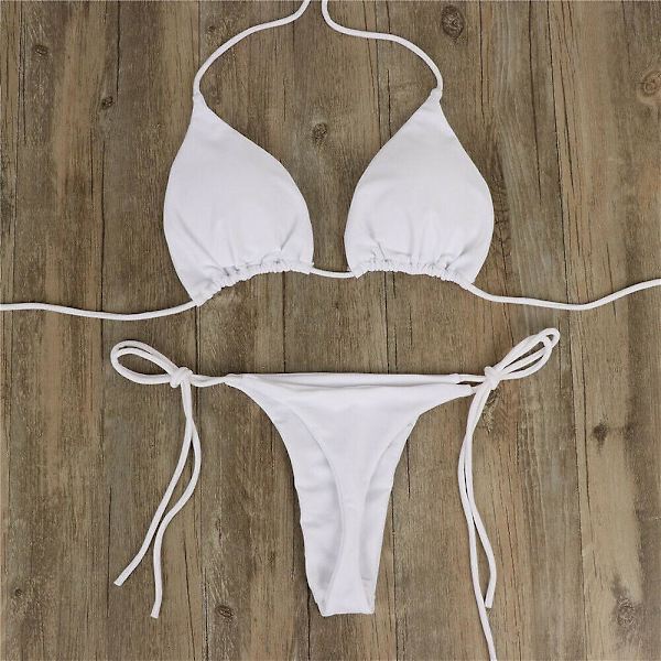 Ultratunn elastisk stringtrosa för kvinnor, bikiniset set Sexig enfärgad baddräkt Bandage stil brasilianska badkläder C L White