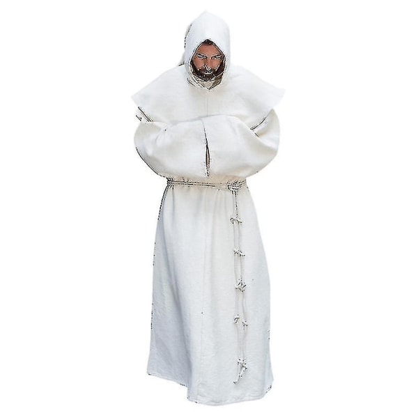 S-5xl Renässansmunk Prästerskap Vana Scapular Friar Dräkt Religiös Helgonklänning Dräkt Män Präst Huva Cowl Halloween Outfit White XL