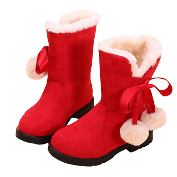 Barnstövlar Plyschfodrade Snöstövlar Låg Klack Varma Skor Tofs Utomhus Mid Calf Vinterstövel Red EU 30