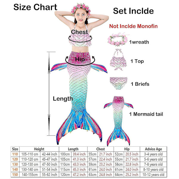Barn Flickor Mermaid Tail Bikini Set Badkläder Baddräkt Simning Kostnad Inklusive Garland Pannband Färg 7 4-5 år