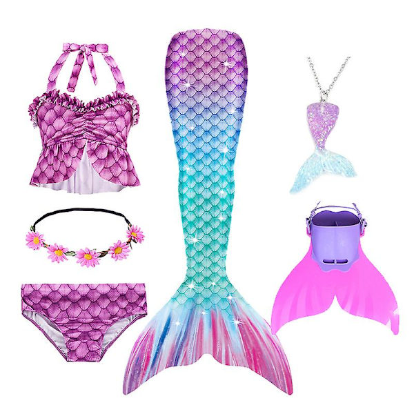 Sommarflicka sjöjungfru stjärt med monofin Halloween kostym prinsessa klänning baddräkt bikini badkläder för simning V 150cm(11-12T) 6PCS with fins7