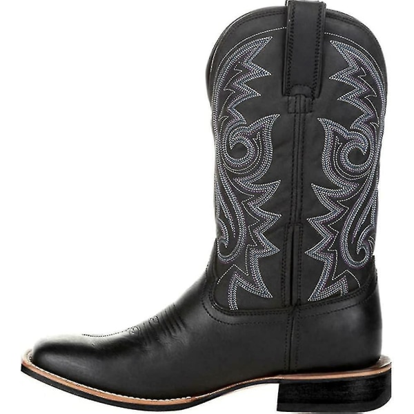 Cowboy Boots Män Wide Classic Vintage Mid Calf Western Boots Broderi Spetsig Tå Block Heel Slip-on Unisex Black 46