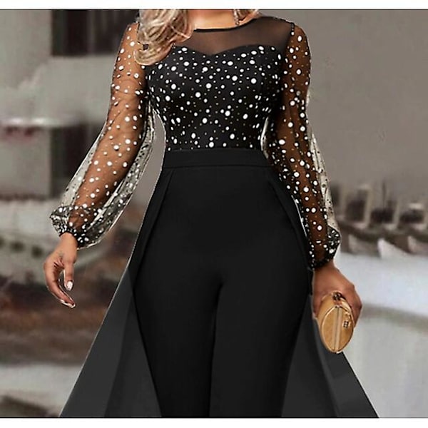 Jumpsuit, mesh för kvinnor , prickig rund hals Formell fest helg Rak normal passform långärmad svart Black M