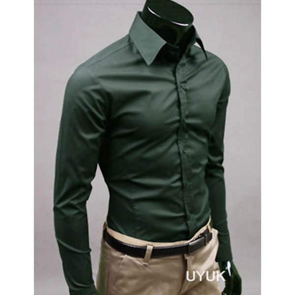 Män Långärmad Business Skjorta Vanlig Formell Casual Klänning Toppar Deep green L