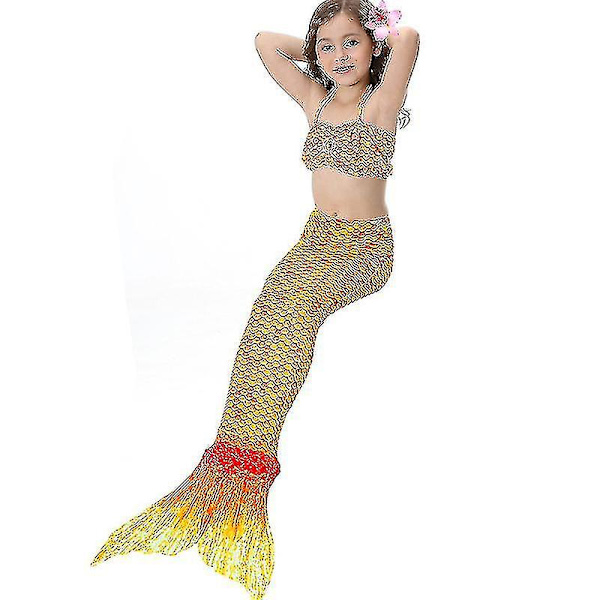 Barn Flickor Mermaid Tail Bikini Set Badkläder Baddräkt Simdräkt Orange 9-10 Years