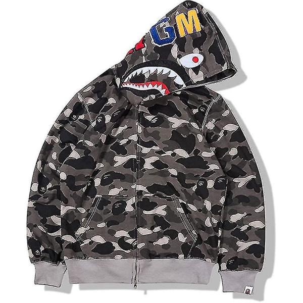 Shark Ape Bape Hoodie Camo Print Polyestertröja Casual Loose Zip Hoodie Jacka För Herr Dam Dark grey 2XL