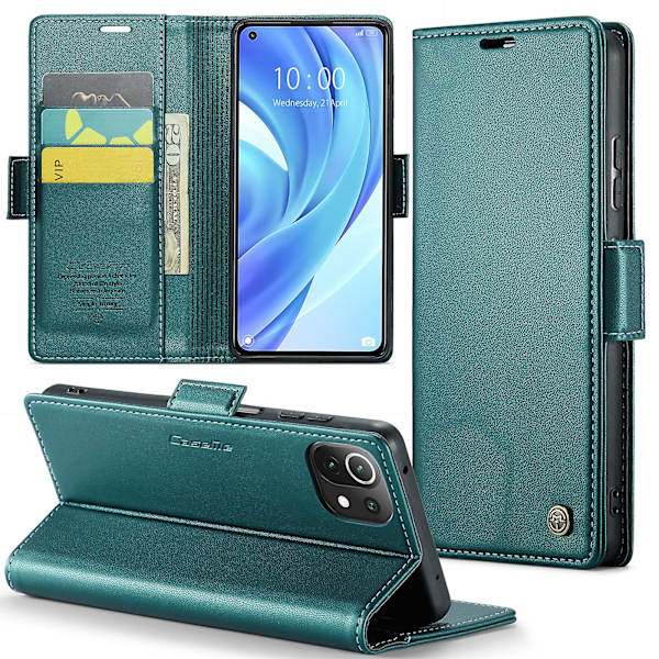 Caseme 023 Series Case För Xiaomi Mi 11 Lite 4g / 5g / 11 Lite 5g Ne , Pu Läder Litchi Texture Stand Rfid Blocking Phone Cover Green