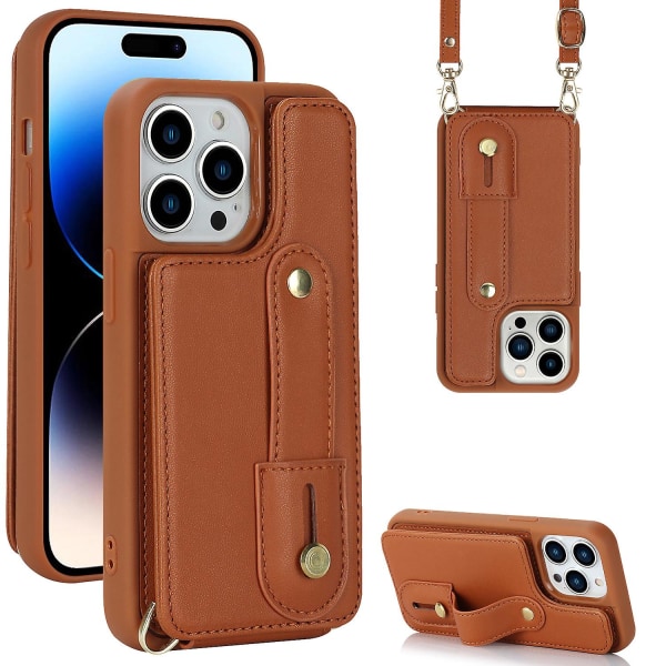 För Iphone 14 Pro Handledsrem Kickstand Armband Phone case Pu Läderbelagd TPU- cover Brown