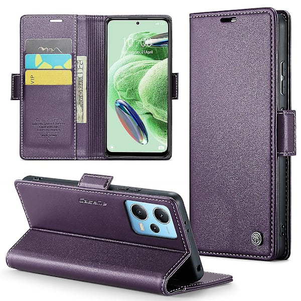 Caseme 023-serien för Xiaomi Redmi Note 12 5g (kina) / (indien) / (global) / Poco X5 5g Litchi Texture Rfid Blockerande case Läder Sta Purple