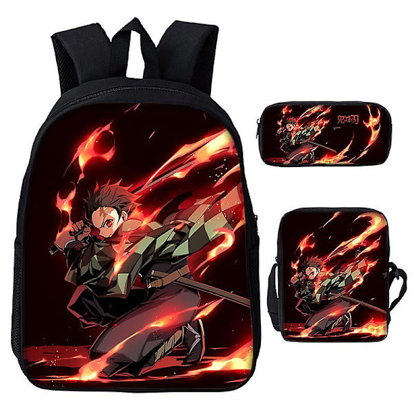3st/ set Japan Anime Demon Slayer Studenter Pojkar Flickor Skolväska Ryggsäck Barn Tonåring Tecknad Oxford Vattentät skolväska Gold 19 inches