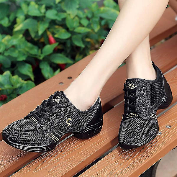 Jazzsko med snörning för kvinnor Lätt moderna danssneakers med splitsula danssneaker Black Gold EU 34