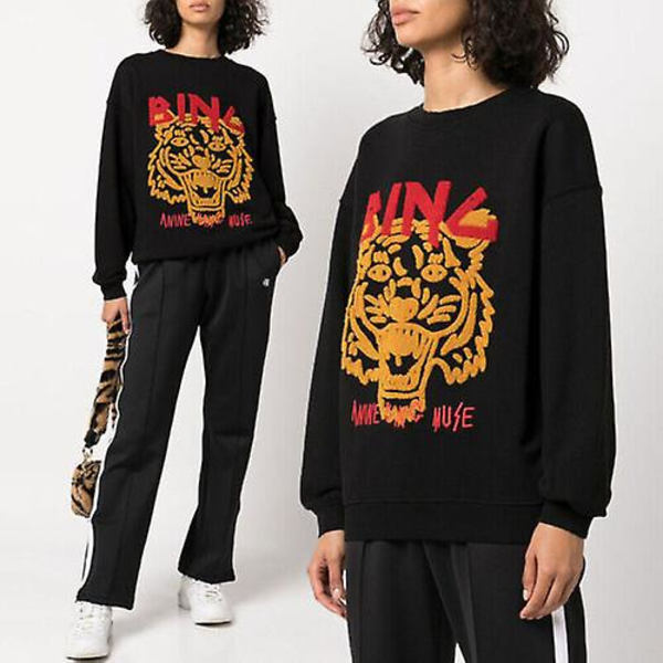 Anine Bing Classic Tiger Head Broderi Inner Fleece Tröja med rund hals förtjockning xs