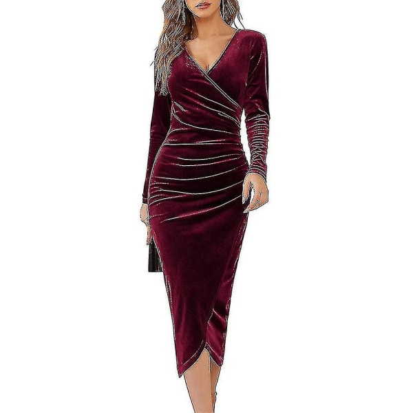 Elegant sammet långärmad omlott V-hals Ruched Bodycon festklänning för kvinnor Wine Red L