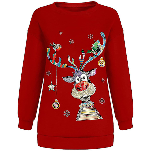 Christmas Sweatshirt Crewneck Pullover Långärmad Lösa Toppar Älg Print Skjorta Red L