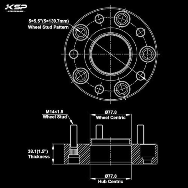 KSP 6X5.5 hjuldistanser för ram 1500 2019-2022,1.5&#34;(38mm) Real Forged Hub Centric Tire Spacer med 77.8mm navhål M14x1.5 dubbar/bultar f black 5 lug-M14X1.5