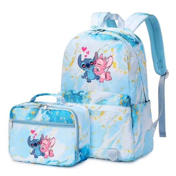 2 st Disney Lilo Stitch Multi Pocket Ryggsäck med Lunch Bag Ryggsäck Casual Skolväska för Kvinnor Student Tonåringar Set 024