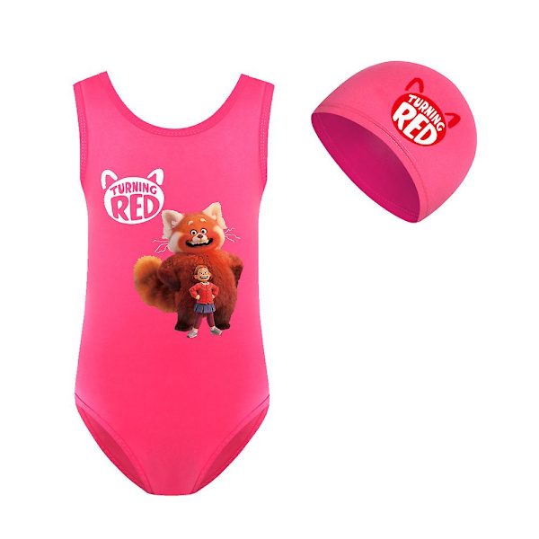 Turning Red Barn Flickor Badkläder One Piece Monokini Baddräkt med Badmössa Cap Set Rose Red 7-8 Years