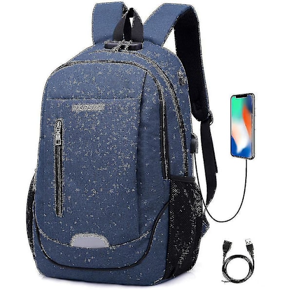 Student Skolväska USB Laddning Resväska Datorryggsäck blue