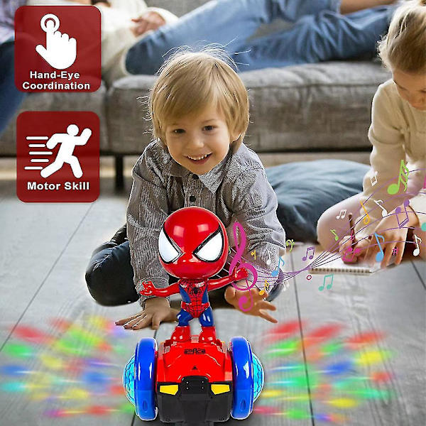 Robotleksak Spiderman Figures Elbil, 360-snurr interaktiva leksaker med ljus och ljud Leksakspresent för barn Pojkar Flickor A