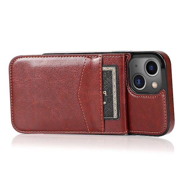 Telefon Kickstand Case För Iphone 14 Plus, Korthållare Pu Läder + Tpu Cover Brown