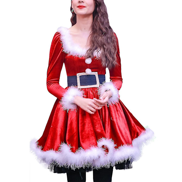 Mrs Santa Claus Kostym för kvinnor Mini Sleeve P Trim Santa Suit Outfit B Red S
