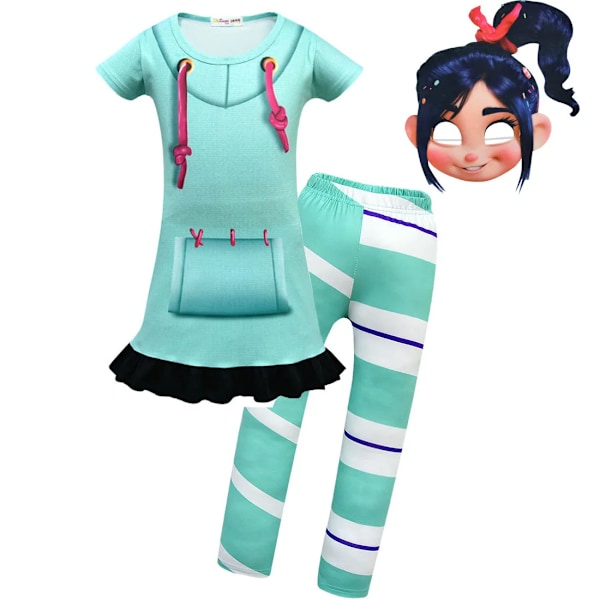 Flickor Wreck-It Ralph 2 Kläder Vanellope Von Schweetz Vocaloid Cosplay Halloween Kostym Barn Klänning Byxor Set Kläder för Flicka 10T dress-pants-mask