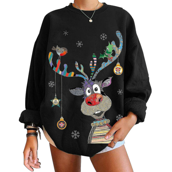 Christmas Sweatshirt Crewneck Pullover Långärmad Lösa Toppar Älg Print Skjorta Black L