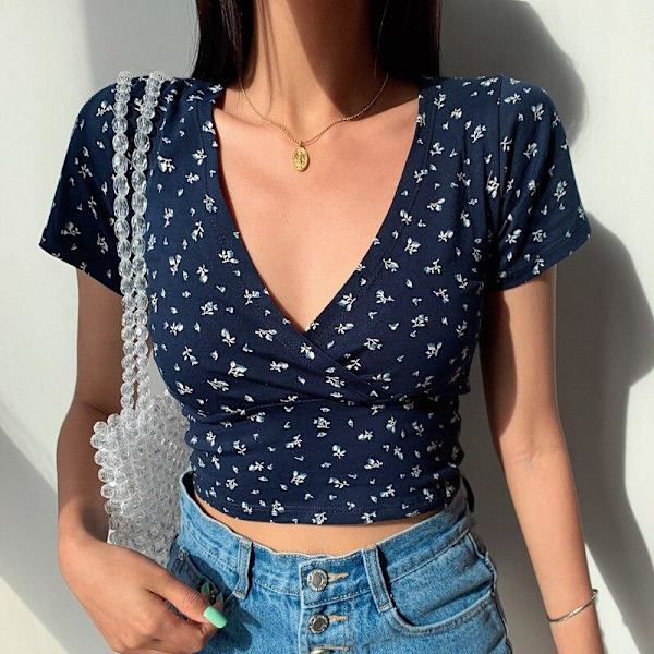 Sommar Retro Blommig V-hals Kortärmad T-shirt Slim Slimming Wild Hög Midja Damtopp Y2k Stil Crop Tops Streetwear Tshirt Sky blue S