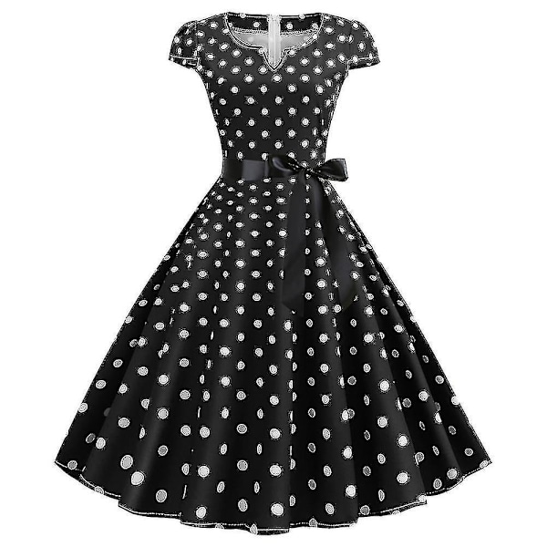 Kvinnors Polka Dot Hepburn Retro 50-tal 60-tal Rockabilly Festklänning Swing Midiklänning Black S