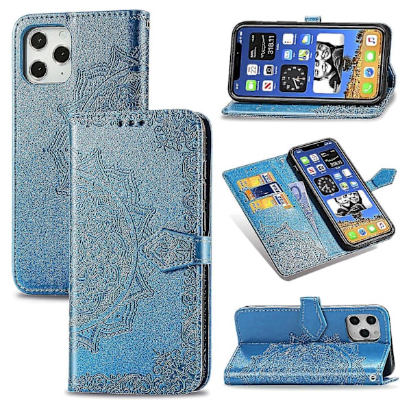 Kompatibel med Iphone 11 Pro Case Läder Cover Emboss Mandala Magnetic Flip Protection Stötsäker - Blå null none
