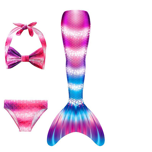 Sommarflicka sjöjungfru stjärt med monofin Halloween kostym prinsessa klänning baddräkt bikini badkläder för simning V 150cm(11-12T) 3PCS without fins17