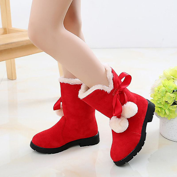 Barnstövlar Plyschfodrade Snöstövlar Låg Klack Varma Skor Tofs Utomhus Mid Calf Vinterstövel Red EU 30