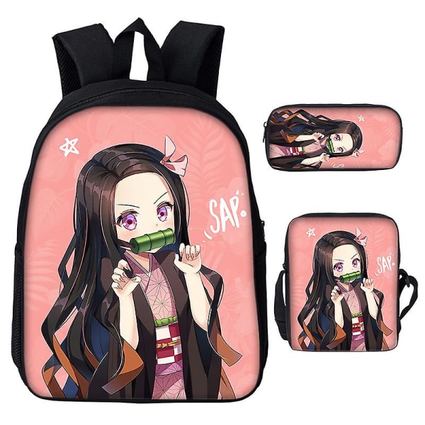 3st/ set Japan Anime Demon Slayer Studenter Pojkar Flickor Skolväska Ryggsäck Barn Tonåring Tecknad Oxford Vattentät skolväska Black 18 inches
