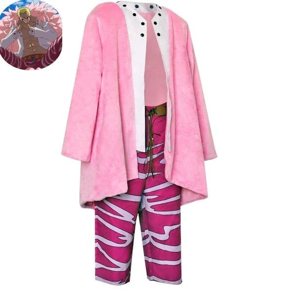 Anime One Cos Piece Doflamingo Cosplay Fantasia Kostym För Vuxna Män Jacka Byxor Glasögon Halloween Carnival Kostymer För Man XL