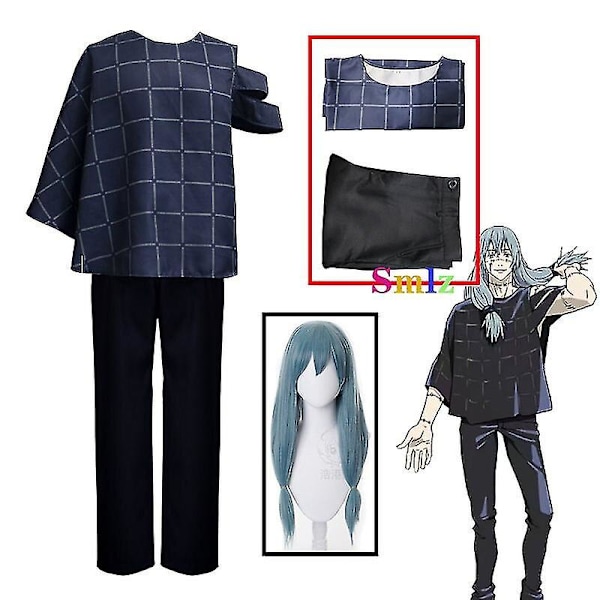 Mahito Cosplay Anime Jujutsu Kaisen Costume Mörkblå kortärmad skjorta Byxor Uniform Carnival Halloween Party Outfit XXL set and wig