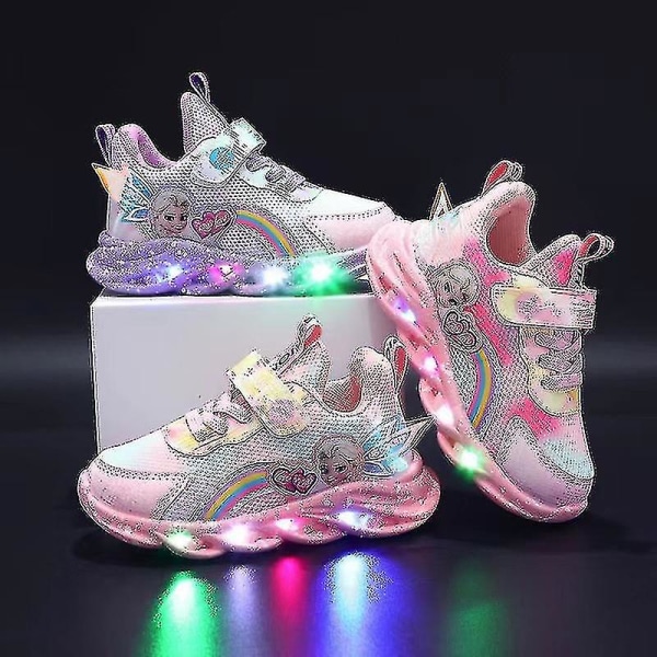 Flickors Led Casual Sneakers Elsa Princess Print Utomhusskor Barn Ljus-upp halkfria skor för vår och vinter-yzy Pink 24-insole 14.7cm