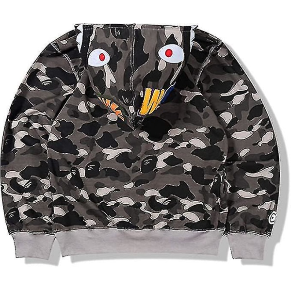 Shark Ape Bape Hoodie Camo Print Polyestertröja Casual Loose Zip Hoodie Jacka För Herr Dam Dark grey 2XL