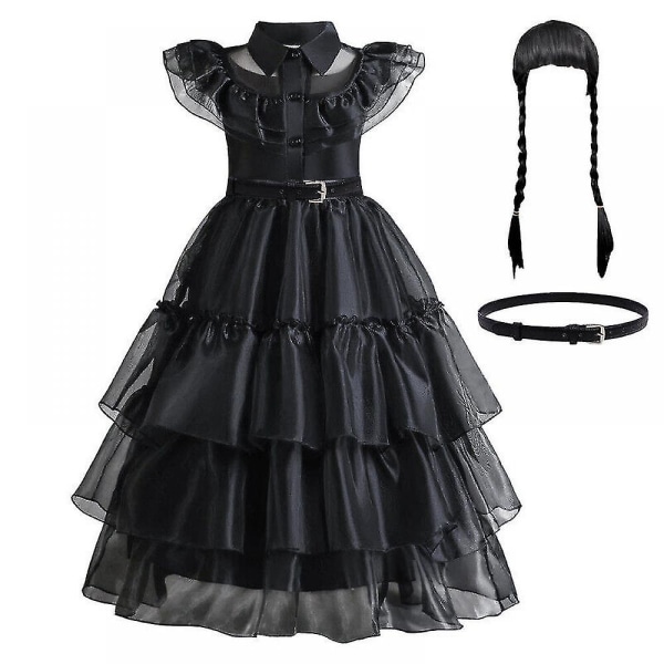Barn Flickor Onsdag The Addams Family Costume Halloween Klänning Födelsedagsfest Dress Belt Wig 120cm