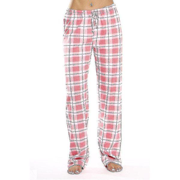 Damrullar i flanell med fickor för kvinnor, mjuka rutig pyjamasbyxor i flanell för kvinnor pink L