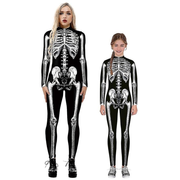 Halloween-skelettdräkt för barn och vuxna, bekväm Onesie Jumpsuit Black L