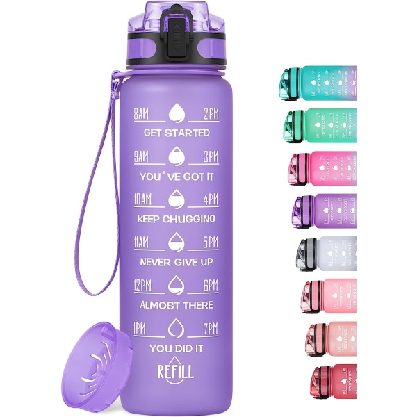 1000 ml motiverande vattenflaska med tidsmarkör, läckagesäker BPA-fri Tritan fruktsil dryckesflaska, idealisk för fitness, gym och utomhus candy floss
