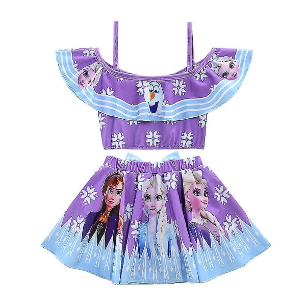 Frozen Elsa Anna Badkläder Barn Flickor Ruffle Cold Shoulder Toppar Kjol Bikini Set Baddräkt Purple 4-5 Years