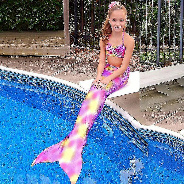 Kids Girl Mermaid Tail Bikini Set Beachwear Simning Badkläder Baddräkt Purple Yellow 7-8 Years
