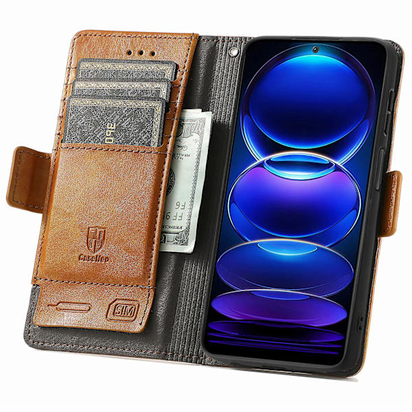 Caseneo 002-serien Rfid-blockerande case för Xiaomi Redmi Note 12 Pro 5g / Note 12 Pro Speed ​​5g / Poco X5 Pro 5g, skarvningsplånboksställ Light Brown
